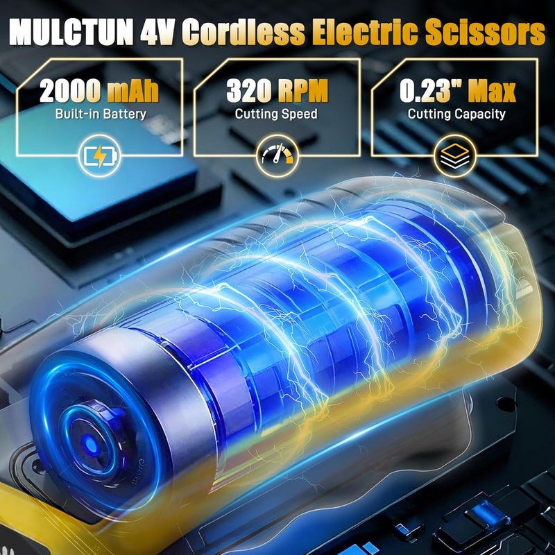 Mulctun Electric Box Cutter with 4 Safety Blades,Storage Bag,Cardboard Cutter with Safety Lock,Led Light,4V 2000mAh Cordless Electric Scissors for Carton Carpet Fabric Leather（Yellow） - Image 3